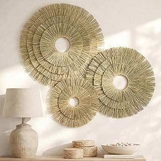 Sintuff 3 Pcs Boho Wall Decor, Handmade Natural Seagrass Hanging Baskets Set, Oversized Rustic Rattan Wicker Wall Art for Living Room, Bedroom & Of...