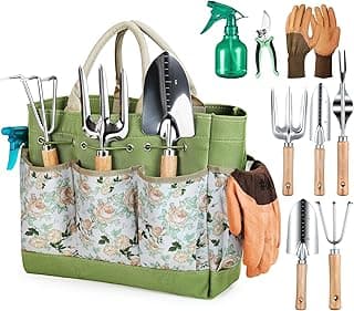 Gardening Tools 9-Piece Heavy Duty Garden Hand Tools with Fashion and Durable Garden Tools Organizer Handbag, Rust-Proof Garden Tool Set, Ideal Gar...