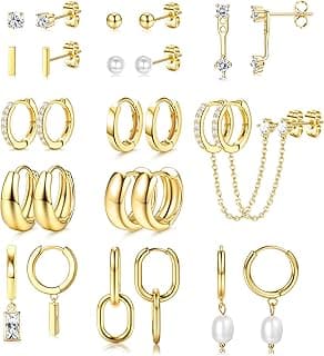 13 Pairs Small Stud Hoop Earrings Set for Women Hypoallergenic Gold Plated Huggie Hoops Pearl Dainty Lightweight Earrings for Gift
