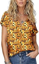Halloween Theme Fashion Printed T-Shirt for Women Elegant V-Neck Button Short Sleeve Loose Casual Light Blouse