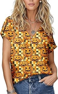 Halloween Theme Fashion Printed T-Shirt for Women Elegant V-Neck Button Short Sleeve Loose Casual Light Blouse