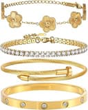 18K Gold Plated Bangle Bracelet Set for Women Stackable Lucky Floral Adjustable Tennis Bracelet Non Tarnish Gift Jewelry for Christmas Valentines B...