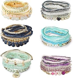 6 Sets Bohemian Stackable Bead Bracelets for Women Stretch Bohemian Style Stretch Multilayered Boho Bracelet Set