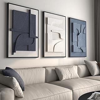 Large 3D Textured Framed Blue and White Abstract Wall Art for Living Room, 3 Piece Modern Artwork for Walls, Minimalist Navy Blue Geometric Paintin...