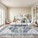 AMADA HOMEFURNISHING 8x10 Washable Area Rug, Low-Profile with Non-Slip Backing & Durable Edge Binding, Vintage Large Rugs for Living Room, Bedroom, Dining Room, Blue