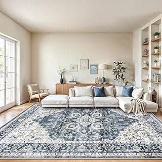 AMADA HOMEFURNISHING 8x10 Washable Area Rug, Low-Profile with Non-Slip Backing & Durable Edge Binding, Vintage Large Rugs for Living Room, Bedroom,...