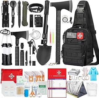 Survival Kit, 262Pcs Survival Gear and Supplies with First Aid Kit Pouch and Crossbody Bag, Emergency Kit with Tent, Camping Axe Hammer, Survival S...