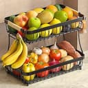 Sevenblue 2 Tier Large Fruit Basket for Kitchen Counter with 2 Mobile Banana Hangers, 2026 Pro Detachable Metal Fruit Bowl with Wooden Handle, Frui...