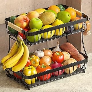 Sevenblue 2 Tier Large Fruit Basket for Kitchen Counter with 2 Mobile Banana Hangers, 2026 Pro Detachable Metal Fruit Bowl with Wooden Handle, Frui...