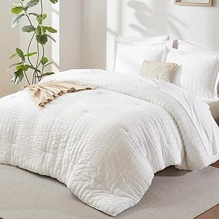 Queen Comforter Set, 7 Pieces White Seersucker Bed in a Bag | OEKO-TEX Certified, All Season Bedding Set with 240 GSM Down Alternative Comforter, F...