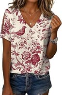 2025 Boho Floral New Print Tops for Women Summer Plus Size V Neck Work Short Sleeve Shirts with Button Accent