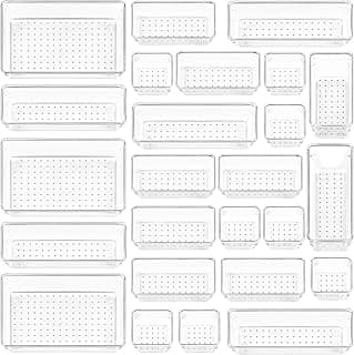 Vtopmart 25 PCS Clear Plastic Drawer Organizers Set, 4-Size Versatile Bathroom and Vanity Drawer Organizer Trays, Storage Bins for Makeup, Bedroom,...