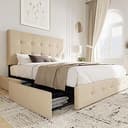 Allewie Upholstered Queen Size Platform Bed Frame with 4 Storage Drawers and Headboard, Square Stitched Button Tufted, Mattress Foundation with Woo...