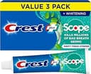 Crest + Scope Whitening Toothpaste - Pack of 3, 5.4 Oz Tubes - Anticavity Fluoride Toothpaste, Fresh Breath, Kills Germs - Tartar Protection, Enamel Protection - Minty Fresh Flavor