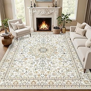 5x7 Area Rugs Living Room Rug: Washable Vintage Boho Rug No Slip Stain Resistant Soft Carpet Indoor Floor Floral Large Carpets for Bedroom Dining R...