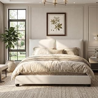 DNYN Upholstered Platform Bed Frame with Thick Pillow-Back Headboard | Linen Fabric Bed| Low-profile Design| No Box Spring Needed| Wooden Slats Sup...