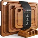 Astercook Deep-Carbonized Bamboo Cutting Boards for Kitchen with Wood Storage Stand, Reversible Charcuterie & Chopping Boards with Juice Grooves an...