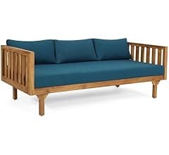 Merax Outdoor 3 Seater Daybed, Acacia Wood Day Bed Couch Sofa with Cushions for Patio Backyard, Garden, Blue