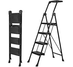 XinSunho 4 Step Ladder, Foldable Handrail & Tool Tray Stool Ladders with Anti-Slip Wide Pedal, 660 lbs Sturdy Steel Ladder for Home Kitchen and Out...