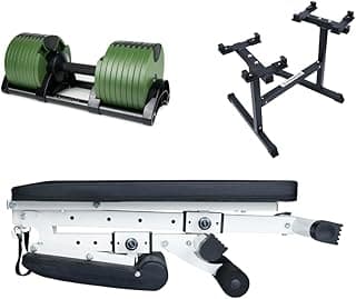 BUNDLE DEAL - Two Adjustable Dumbbells (80LB Green) + Dumbbell Stand + Adjustable Bench (4 items)