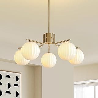 5-Light White Ribbed Glass Modern Milk Glass Globe Chandelier Light Fixture Bedroom Mid Century Sputnik Pendant Light Gold Brass Chandeliers for Di...