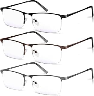 3 Pack Blue Light Blocking Reading Glasses for Men, Stylish Half Frame Metal Computer Readers, Lightweight Spring Hinge Eyeglasses Anti Eyestrain/G...