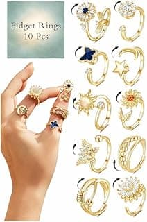 10Pcs Fidget Anxiety Rings for Women Adjustable Spinner Ring Gifts for People With Anxiety Moon Sun Butterfly Galaxy Daisy Flower CZ Stress Relief ...