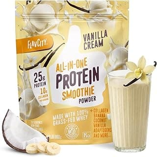 FlavCity Vanilla All in One Protein Shake Powder - On the Go Meal Alternative + Collagen Peptides, Reishi & Cordyceps - Focus, Skin, Hair & Joint S...