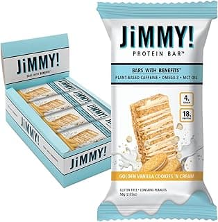 JiMMYBAR! - Golden Vanilla Cookies 'N Cream - 18g Protein Bars - Low 4g Sugar - 12 Count - Real Peanut Butter Base with Hand-Drizzled Chocolate 58g...
