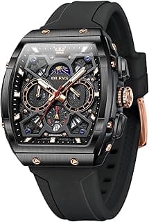 Tonneau Square Mens Watches, Fashion Large Face Silicone Band Watches for Men, Multifunctional Chronograph Quartz Men Waterproof Watch