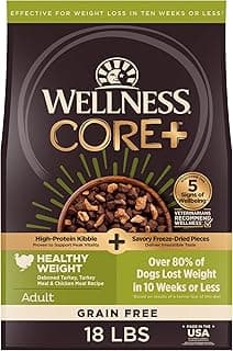 Wellness CORE+ Dry Dog Food with Freeze Dried Pieces, Grain Free, High Protein, Natural, Healthy Weight Turkey & Chicken Recipe, (18-Pound Bag)