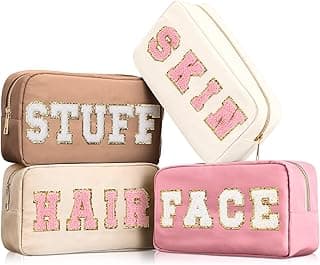 Cunno 4 Pcs Preppy Makeup Bags Chenille Letter Stuff Bag Nylon Cosmetic Pouch Cases with Zipper for Women Travel Toiletry