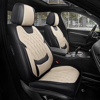 FREESOO Black Beige Car Seat Covers Full Set - Faux Nappa Leather Seat Covers for Cars, Luxury Breathable Waterproof Front Seats with Lumbar Suppor...