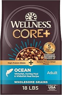 Wellness CORE+ Dry Dog Food with Freeze Dried Pieces, Wholesome Grains, High Protein, Natural, Ocean Whitefish & Herring Recipe, (18-Pound Bag)