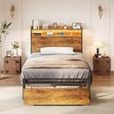Casaottima Twin Bed Frame with Storage Drawer, Wood Headboard with LED Lights&USB Charging Outlets, No Box Spring Needed, Easy to Assemble, Rustic ...