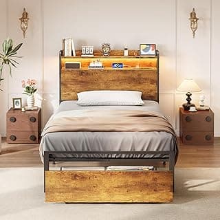 Casaottima Twin Bed Frame with Storage Drawer, Wood Headboard with LED Lights&USB Charging Outlets, No Box Spring Needed, Easy to Assemble, Rustic ...