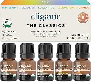 Cliganic Organic Essential Oils Set (Top 5 - The Classics) - 100% Pure Natural - Aromatherapy, Candle Making - Peppermint, Lavender, Eucalyptus, Le...