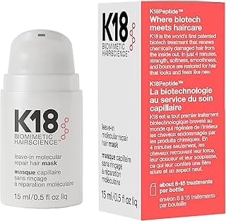 K18 Leave-In Molecular Repair Hair Mask, Patented, Lasting Repair For Dry, Frizzy, Damaged Hair, Reverse Damage In 4 Minutes From Bleach, Color, Ch...