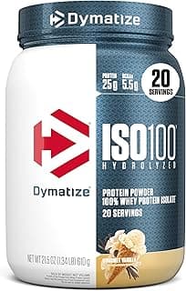 Dymatize ISO100 Whey Protein Powder Isolate, Gourmet Vanilla, 25g of Protein, 5.5g BCAAs, Less Than 120 Cal., Gluten Free, 1g Fat, 1g Sugar, 2g Car...