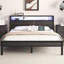 Full Size Bed Frame with Storage Headboard, Industrial Platform Bed with Charging Station and LED Lights, Heavy Duty Metal Slats, No Box Spring Nee...