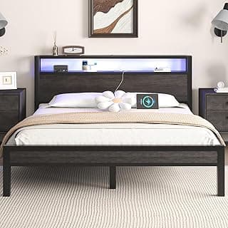Full Size Bed Frame with Storage Headboard, Industrial Platform Bed with Charging Station and LED Lights, Heavy Duty Metal Slats, No Box Spring Nee...