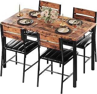 IRONCK Dining Table Set for 4, Wood Kitchen Table with Upholstered Chairs for Kitchen Room and Small Spaces, Rustic Brown