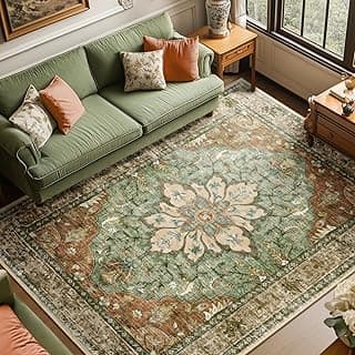 Area Rugs 8'x10' Washable Non-Slip, Floral Vintage Distress Print Pattern Medallion Carpet for Living Room Bedroom Dining Room, Brick Red Rust Neut...