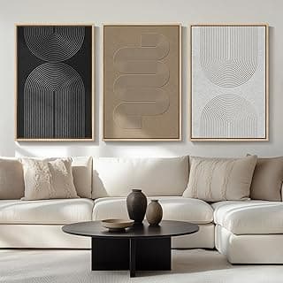 Large Framed Black and White Neutral Abstract Wall Art for Living Room, 3 Piece Boho Canvas Prints Paintings Artwork for Walls, Minimalist Geometri...