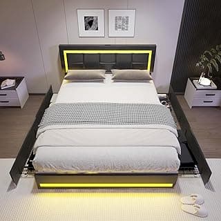 Queen LED Bed Frame with 4 Storage Drawers, PU Upholstered Platform Bed Frame with LED Lights and Charging Station, Bed Frame with Adjustable Headb...