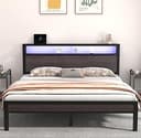 HAY Full Size Bed Frame with 2-Tier Storage Headboard, Metal Platform Bed with Charging Station and LED Light, Metal Support, Noise Free, No Box Sp...