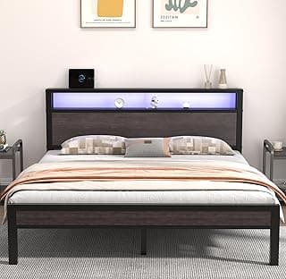 HAY Full Size Bed Frame with 2-Tier Storage Headboard, Metal Platform Bed with Charging Station and LED Light, Metal Support, Noise Free, No Box Sp...