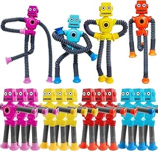 16 PCS Suction Cup Robot Toy,Shape Changing Telescopic Pop Tubes Autism Sensory Toy Kids Girls Boys Toddlers Adult,Funny Robot Action Figure Bendab...