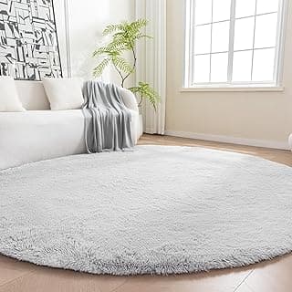 Amazon Basics Fluffy Washable Round Area Rug, Circle Shaggy Carpet for Living Room, Bedroom, Nursery, 7'R, Gray