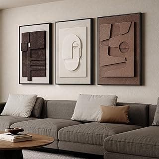 Large 3D Textured Framed Neutral Abstract Wall Art for Living Room, 3 Piece Modern Artwork for Walls, Minimalist White and Brown Geometric Wall Pai...